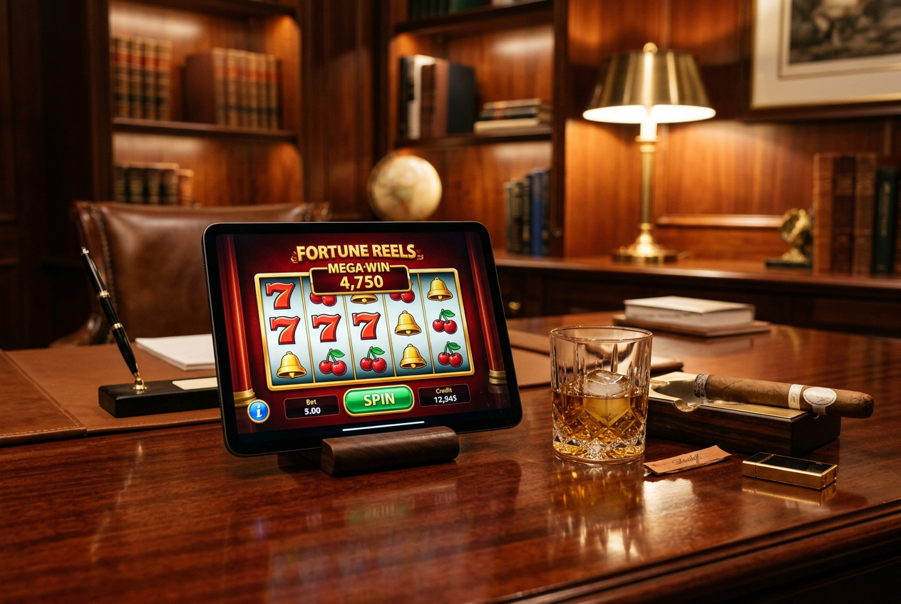 Tablet na mahoniowym biurku z uruchomioną grą kasynową obok szklanki whisky